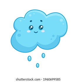Vector illustration of cartoon isolated rain cloud with drops smiling on the white background. Cute kawaii character. Rainy weather. 