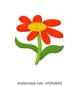 Vector illustration with cartoon isolated red flower. Magic forest crazy flower background. Children book cover illustration design. Isolates colorful flower on white background. Fairy tale icon