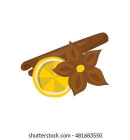 Vector illustration with cartoon isolated set of spices: anise star, citrus fruit, cinnamon stick. Autumn, winter, Christmas wine beverage. Seasoning spicy savory ingredient