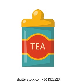 Vector illustration with cartoon isolated tea metal tea box. Drink or teatime icon. Packaging background. Cartoon tea illustration