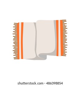 Vector illustration with cartoon isolated towel icon on white background. Bathroom vector icon. Hotel resort or massage towel. White towel with orange strips. Spa, shower cartoon icon