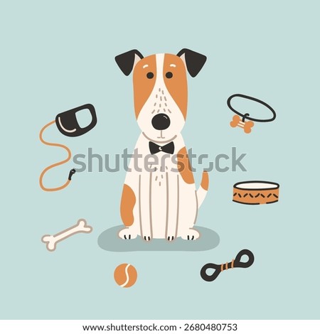 Vector illustration of a cartoon Jack Russell Terrier wearing a bow tie, sitting among his toys. Perfect for dog grooming-related designs, hand-drawn flat style.