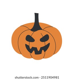 Ilustración vectorial de Jack-o-lantern de dibujos animados con cara espeluznante sonriente. Diseño plano de Halloween en naranja y negro, calabaza jack o linterna para decoraciones de otoño y celebraciones de temporada, icono festivo