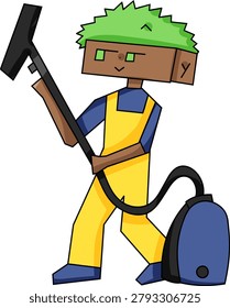 Vector illustration of a cartoon janitor character holding a vacuum cleaner for cleaning service concept