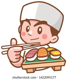 Vector illustration of Cartoon Japanese chef presenting food sushi