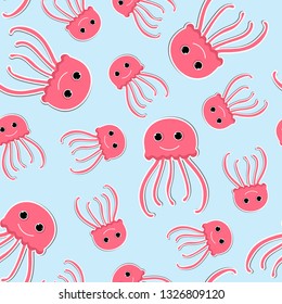 Vector Illustration. Cartoon jellyfish seamless background in modern flat style. Ocean animal character. Sea design