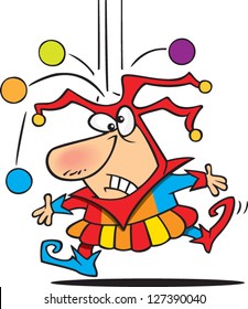 A vector illustration of cartoon joker with juggling balls falling on his head