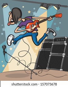 Vector illustration of cartoon jumping guitarist on stage. Easy-edit layered vector EPS10 file scalable to any size without quality loss. High resolution raster JPG file is included.