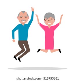 Vector illustration cartoon jumping from happiness elderly. Leaping for joy older people. Picture isolated on white background. Flat style. Happy grandparents laughing and rejoice. 