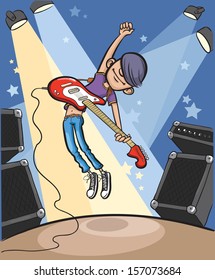 Vector illustration of Cartoon jumping rock guitarist. Easy-edit layered vector EPS10 file scalable to any size without quality loss. High resolution raster JPG file is included.