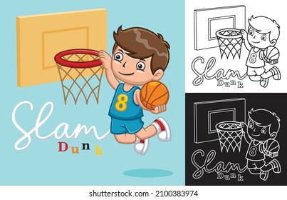 Vector illustration of cartoon kid boy playing basketball