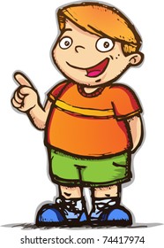 vector, illustration, cartoon, kid, children, boy, pointing, happy, smiling, son,  green,  orange, sketch, showing
