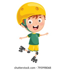 Vector Illustration Of Cartoon Kid Roller Skating