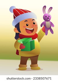 Vector illustration of cartoon kid take out a doll from a gift box