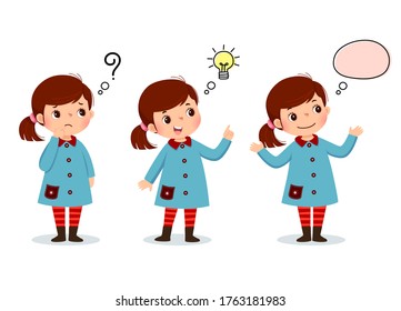 Vector illustration of cartoon kid thinking. Thoughtful girl, confused girl, and girl with illustrated bulb above her head.