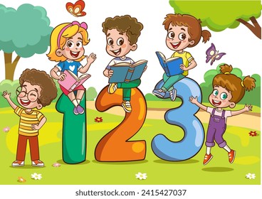 vector illustration of Cartoon kids with 123 numbers