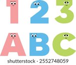 Vector illustration of Cartoon kids with ABC and 123 numbers isolated on white background.