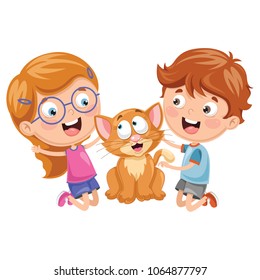 Vector Illustration Of Cartoon Kids With Cat