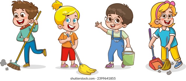 Vector illustration of Cartoon Kids Cleaning with Mop and Broom