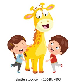 Vector Illustration Of Cartoon Kids With Giraffe