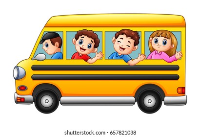 Vector illustration of Cartoon kids going to school by school bus