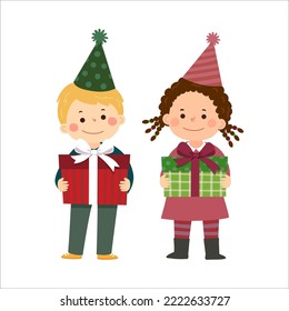 Vector illustration cartoon of kids holding gift boxes. Merry Christmas and Happy New Year card