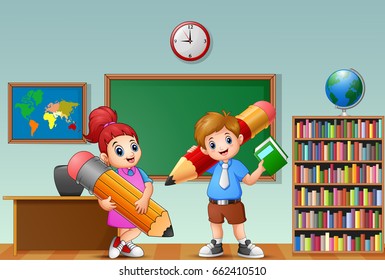 Vector illustration of Cartoon kids holding a pencil in a classroom