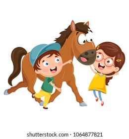 Vector Illustration Of Cartoon Kids With Horse