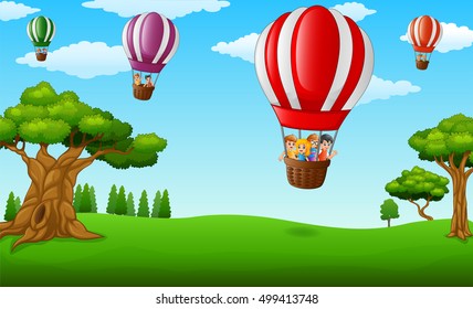 Vector illustration of  Cartoon kids inside a hot air balloon flying over a green park 