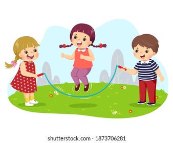 Vector illustration cartoon of kids jumping rope in the park.