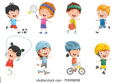 Vector Illustration Of Cartoon Kids Making  Sport