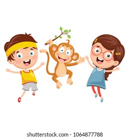 Vector Illustration Of Cartoon Kids With Monkey