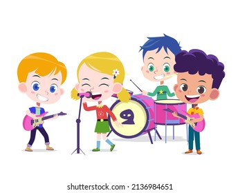 vector illustration of cartoon kids music band. Children playing music together as a band. Fit for children illustration with music theme.