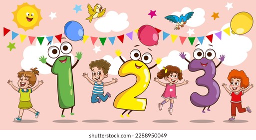 ilustración vectorial de niños aprendiendo matemáticas con números coloridos.Concepto de números multicolor.