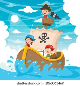 Vector Illustration Of Cartoon Kids Pirate Ship