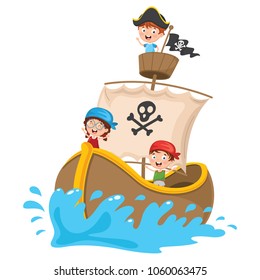 Vector Illustration Of Cartoon Kids Pirate Ship