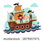 Vector illustration cartoon of kids pirates on the ship at the sea.