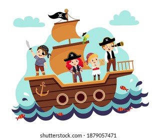 Vector illustration cartoon of kids pirates on the ship at the sea.