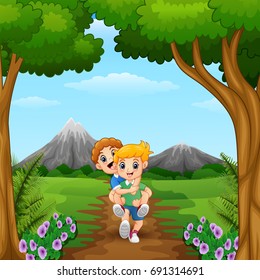 Vector illustration of Cartoon kids playing in the jungle