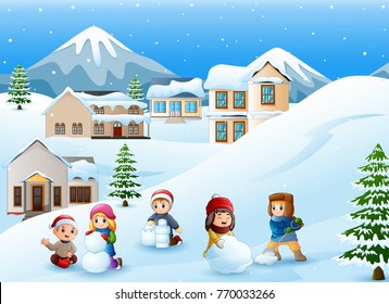 Vector illustration of Cartoon kids playing in the snow