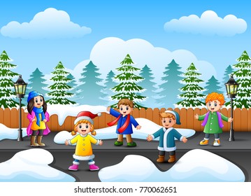 Vector illustration of Cartoon kids playing in the snowing garden