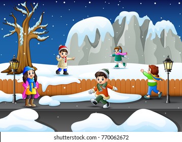 Vector illustration of Cartoon kids playing in the snowing garden
