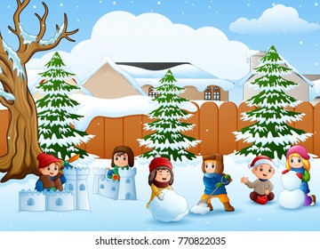 Vector Illustration Of Cartoon Kids Playing In The Snow