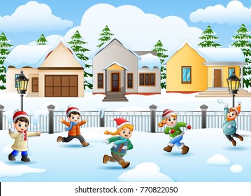 Vector illustration of Cartoon kids playing in the snowing village