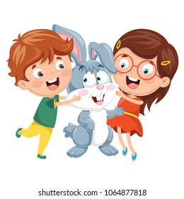Vector Illustration Of Cartoon Kids With Rabbit