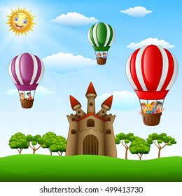 Vector illustration of  Cartoon kids riding in a hot air balloon near the castle 