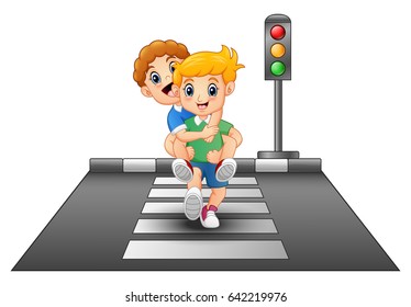 Vector illustration of Cartoon kids running on crossing the street