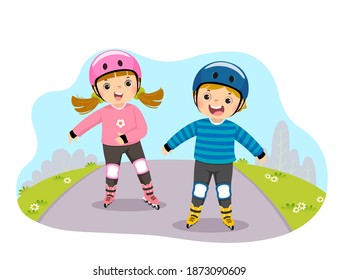 Vector illustration cartoon of kids in safety helmets playing on roller skates in the park.