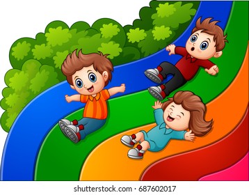 Vector illustration of Cartoon kids sliding down