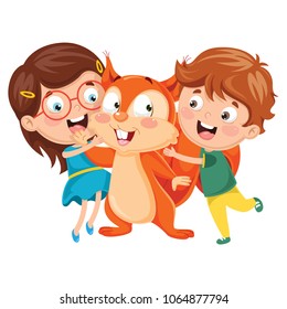 Vector Illustration Of Cartoon Kids With Squirrel